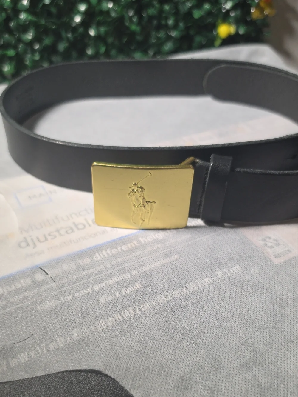 Black Leather Belt with Gold Polo Player Buckle